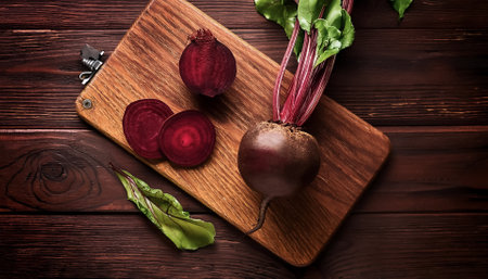 Beetroot on a wooden cutting board with slices or small pieces beside itの写真素材