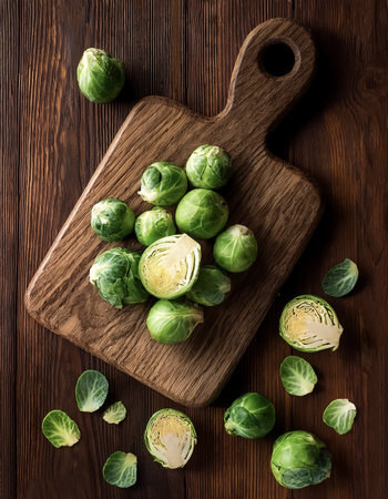 Brussels sprouts on a wooden cutting board with slices or small pieces beside itの写真素材