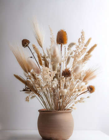 A small bouquet of dried flowers in neutral colors on a pot, giving a vintage impression, isolated white backgroundの写真素材