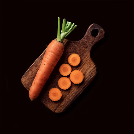Carrot on a wooden cutting board with slices or small pieces beside itの写真素材