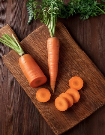 Carrot on a wooden cutting board with slices or small pieces beside itの写真素材