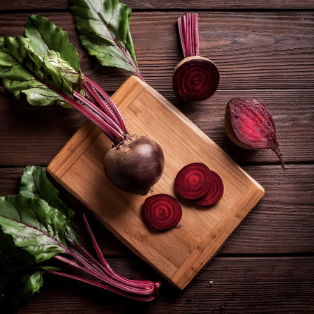 Beetroot on a wooden cutting board with slices or small pieces beside itの写真素材
