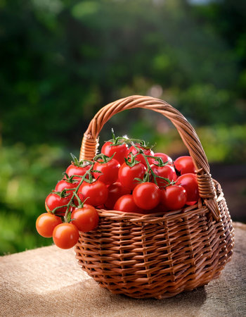 A bunch of cherry tomatoes with fresh green stemsの写真素材