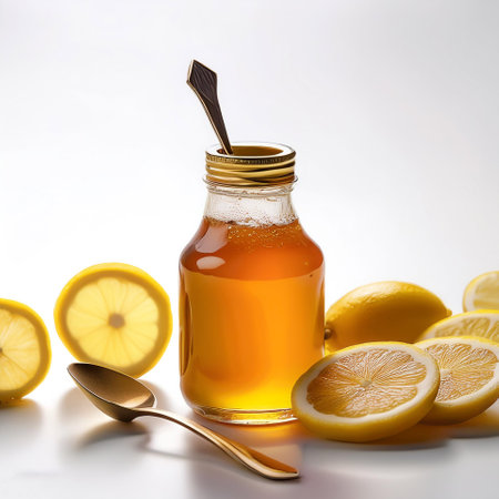 A bottle of honey with a small spoon, surrounded by a few slices of lemon, isolated white backgroundの写真素材