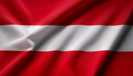 Austria flag waving in the wind. Close up of Austria banner blowing, soft and smooth silk. Cloth fabric texture ensign background. Use it for national day and country occasions conceptの写真素材