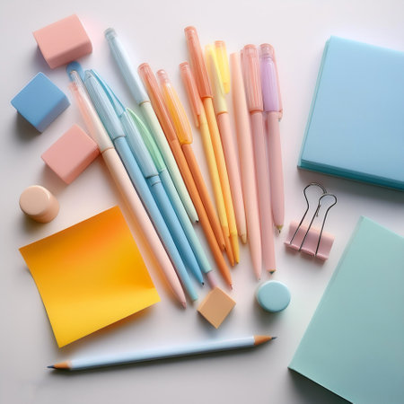 A set of pastel colored stationery, including pencils, pens, and sticky notes, isolated white backgroundの写真素材