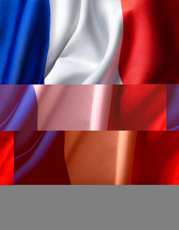 French flag waving in the wind. Close up of French banner blowing, soft and smooth silk. Cloth fabric texture ensign background. Use it for national day and country occasions conceptの写真素材