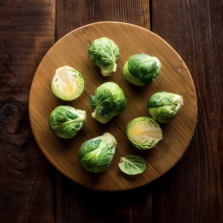 Brussels sprouts on a wooden cutting board with slices or small pieces beside itの写真素材