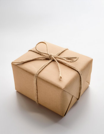 A small parcel neatly wrapped with ribbon, ready to be given, isolated white backgroundの写真素材