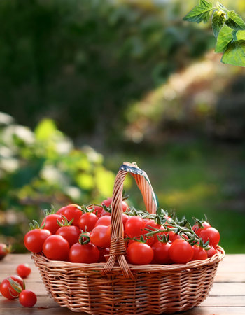 A bunch of cherry tomatoes with fresh green stemsの写真素材