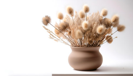 A small bouquet of dried flowers in neutral colors on a pot, giving a vintage impression, isolated white backgroundの写真素材