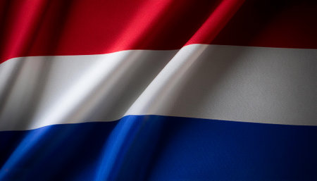 Dutch flag waving in the wind. Close up of Dutch banner blowing, soft and smooth silk. Cloth fabric texture ensign background. Use it for national day and country occasions conceptの写真素材
