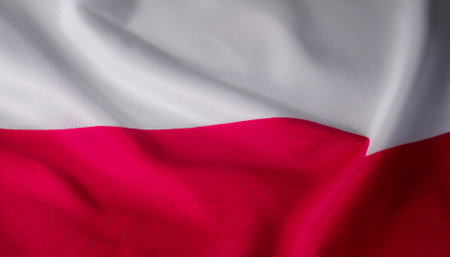 Poland flag waving in the wind. Close up of Poland banner blowing, soft and smooth silk. Cloth fabric texture ensign background. Use it for national day and country occasions conceptの写真素材