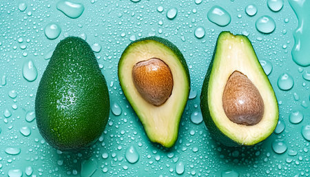 Creative food concept. Fresh avocados adorned with glistening water droplets seamless.の写真素材