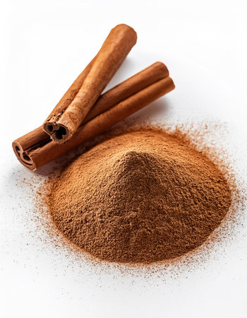Cinnamon sticks and powder, isolated on white backgroundの写真素材