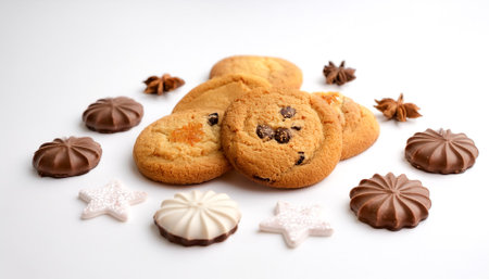 A set of cookies surrounded by sugar and chocolate decorations. isolated white background