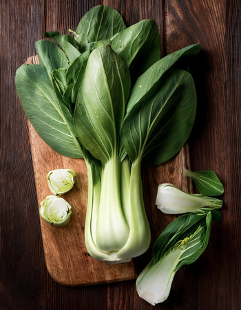 Bok Choy on a wooden cutting board with slices or small pieces beside itの写真素材