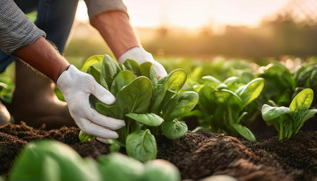 Close up Hands of man collecting fresh spinach from garden