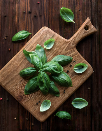 Basil Leaves on a wooden cutting board with slices or small pieces beside itの写真素材