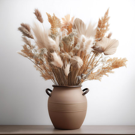 A small bouquet of dried flowers in neutral colors on a pot, giving a vintage impression, isolated white backgroundの写真素材