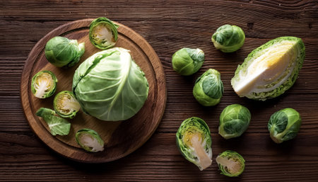 Brussels sprouts on a wooden cutting board with slices or small pieces beside itの写真素材