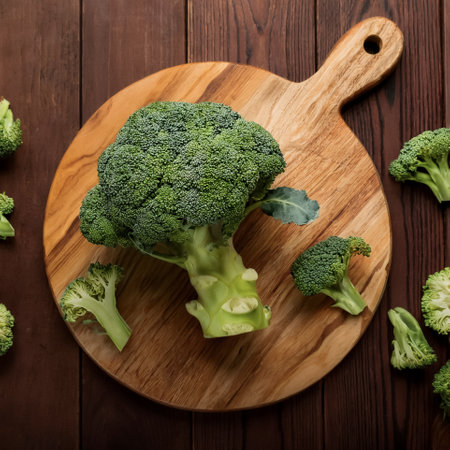 Broccoli on a wooden cutting board with slices or small pieces beside itの写真素材