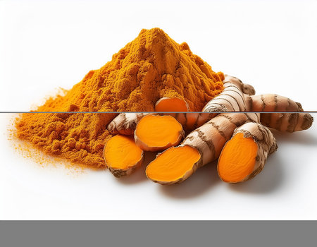 Tumeric rhizome and pile of turmeric powder isolated on white backgroundの写真素材