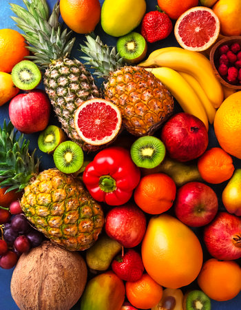 various kinds of fresh fruit. Full Frame, Top View. Flat lay, top view. Pop art design, creative summer concept.の写真素材