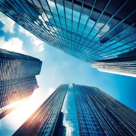 Vertical low angle shot of the skyscrapers under the bright skyの写真素材
