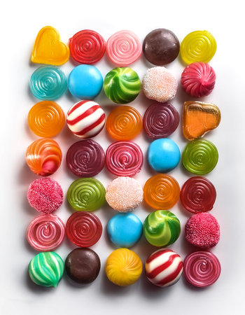 various kinds of colorful candy isolated on white backgroundの写真素材