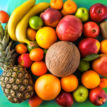 various kinds of fresh fruit. Full Frame, Top View. Flat lay, top view. Pop art design, creative summer concept.の写真素材