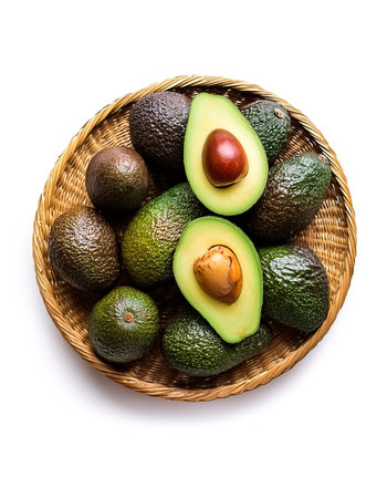 Ripe and fresh Whole and sliced â€‹â€‹avocados in a basket isolated on white background
