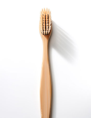 Bamboo toothbrush isolated on white backgroundの写真素材
