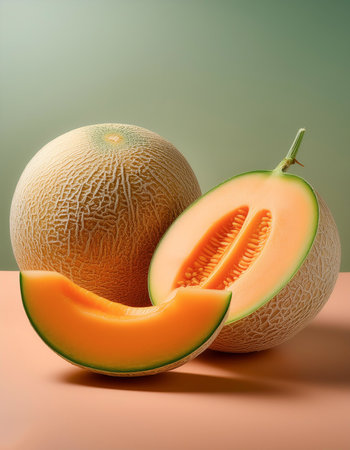Cantaloupe fruit, isolated on a pastelの写真素材