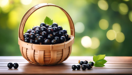 Blackcurrant in basket with blur green bokeh backgroundの写真素材