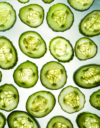 Fresh sweet cucumber slices pattern backgrond, close upの写真素材