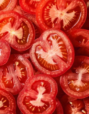 Fresh sweet red tomatoes slices pattern backgrond, close upの写真素材