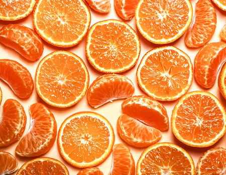 Fresh sweet mandarine orange slices pattern backgrond, close up