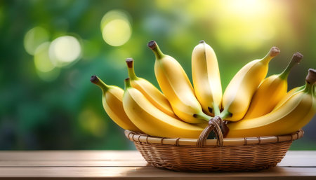 Banana in Bamboo basket with blur green bokeh backgroundの写真素材