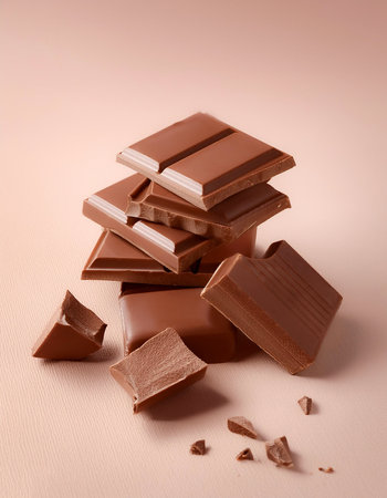 Milk chocolate pieces, isolated on a pastelの写真素材