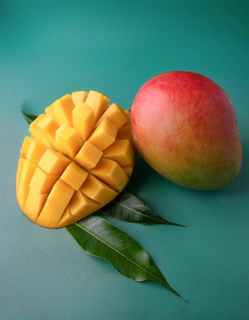 Whole and sliced ââmangoes, isolated on a pastelの写真素材