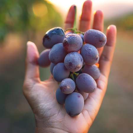 Close-up of a human hand gently holding a small bunch of ripe, purple grapes with stemsの写真素材