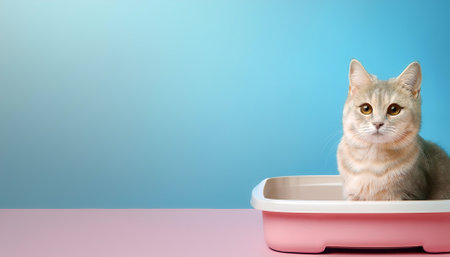 A cat is sitting on a litter box on side position provides copy space for text, isolated on a soft blue and Pink Pastelの写真素材