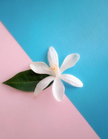 A Neroli blossom. White citrus tree bloom, isolated on a soft blue and Pink Pastelの写真素材