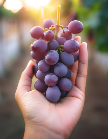 Close-up of a human hand gently holding a small bunch of ripe, purple grapes with stemsの写真素材