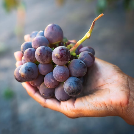 Close-up of a human hand gently holding a small bunch of ripe, purple grapes with stemsの写真素材
