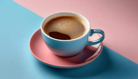 A cup of black coffee with froth on top, isolated on a soft blue and Pink Pastelの写真素材