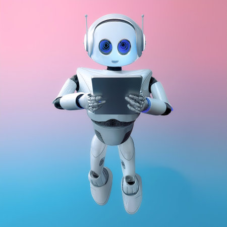Ai robot using tablet floating or flying, isolated on a soft blue and Pink Pastelの写真素材