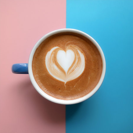 Hot latte coffee in ceramic cup, Heart pattern latte art, isolated on a soft blue and Pink Pastel