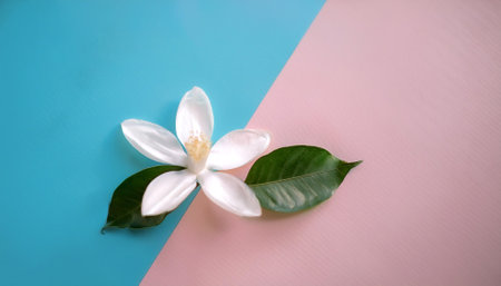 A Neroli blossom. White citrus tree bloom, isolated on a soft blue and Pink Pastelの写真素材